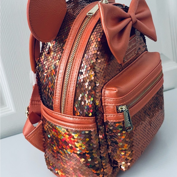 Loungefly Minnie Mouse Sequined Mini Backpack Peach Punch & Ears Headband - Picture 6 of 11